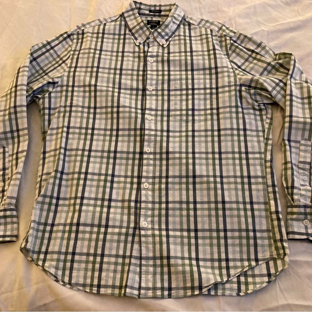 J. Crew Men's Plaid Button-Down Shirt in Green and Blue Check